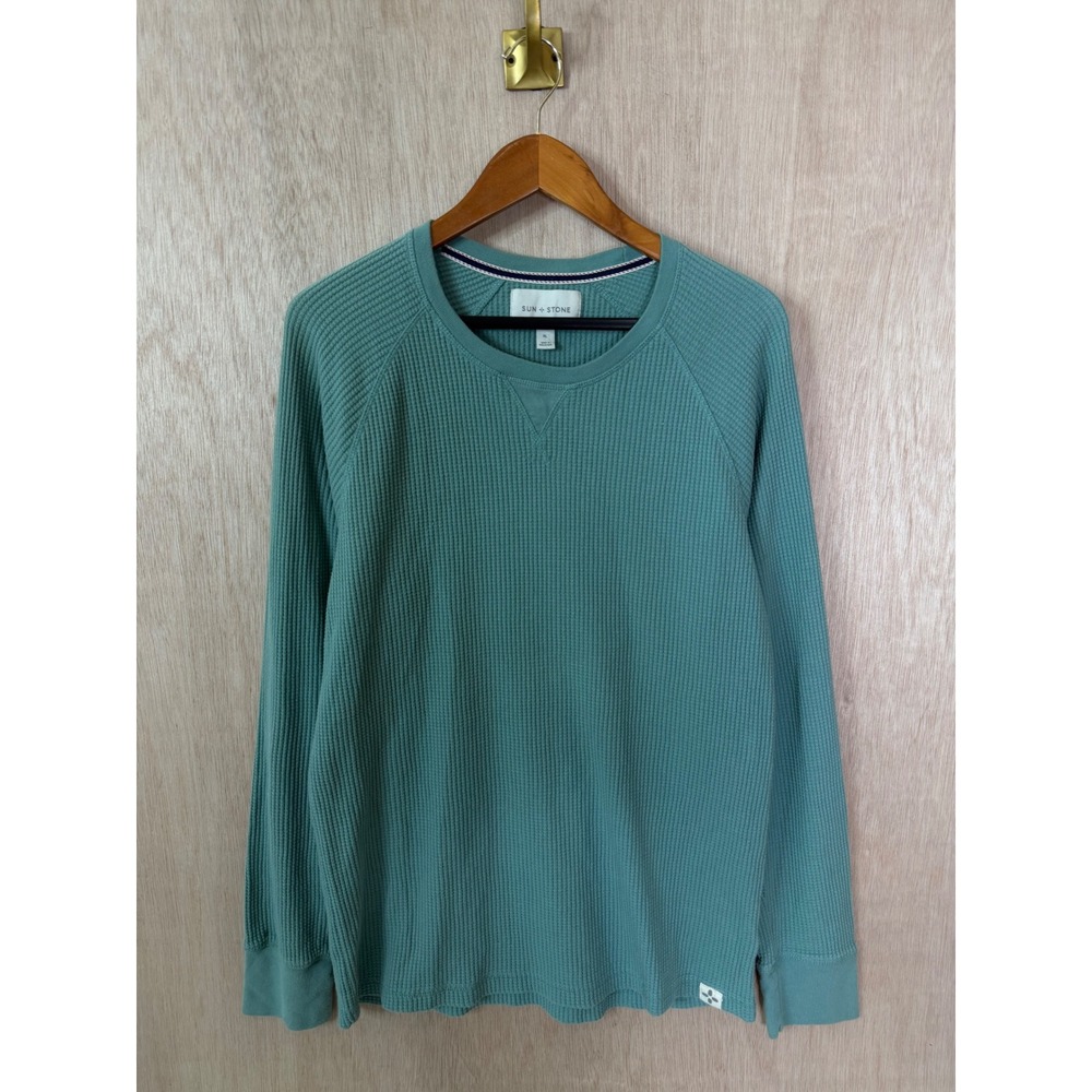 Sun + Stone Mens XL Teal Blue Waffle Knit Thermal Long Sleeve Raglan Shirt